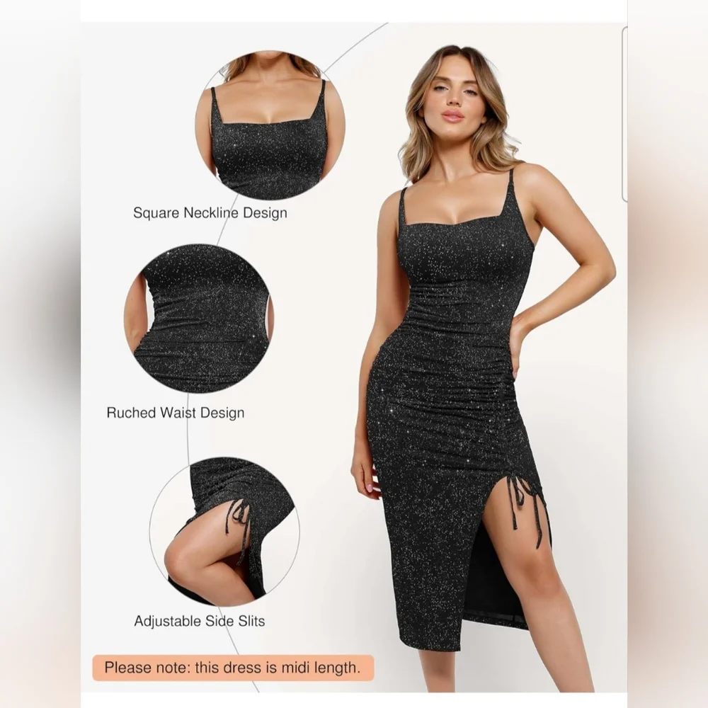 Popilush Women's Black Sparkly Square Neck Ruched Cocktail Midi Dress Size XL - Picture 5 of 13